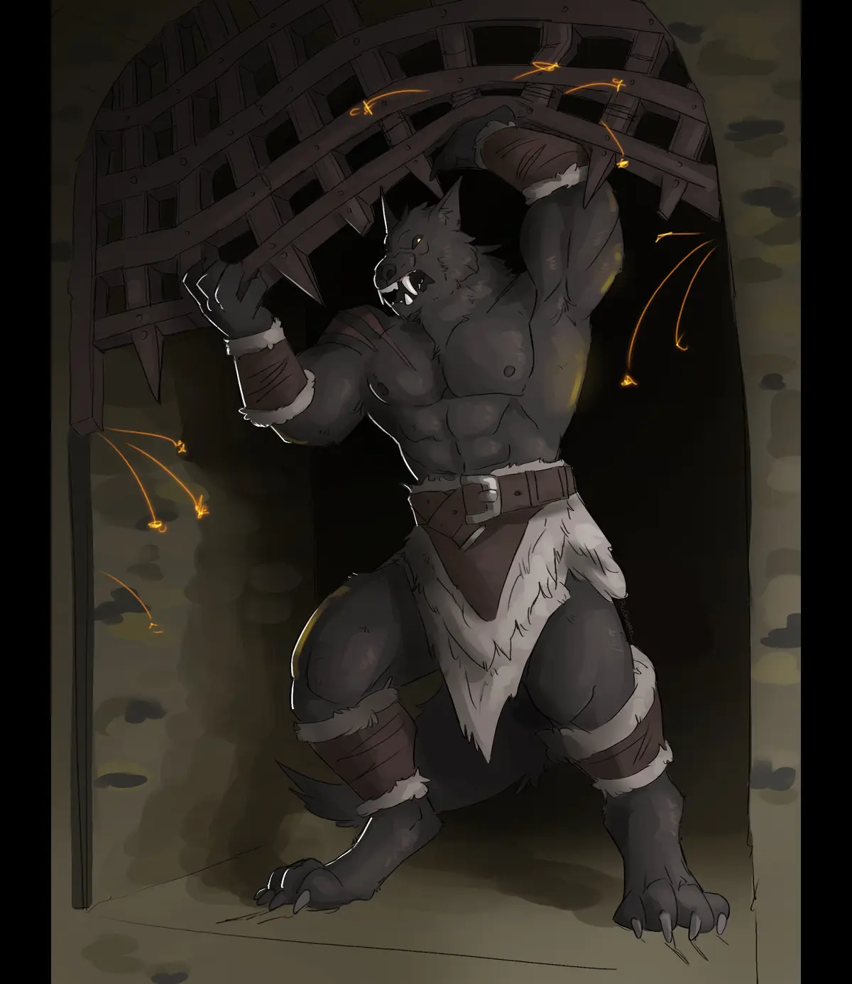 A muscular, grey-furred werewolf with glowing yellow eyes and sharp teeth is straining to lift a massive, spiked wooden door…