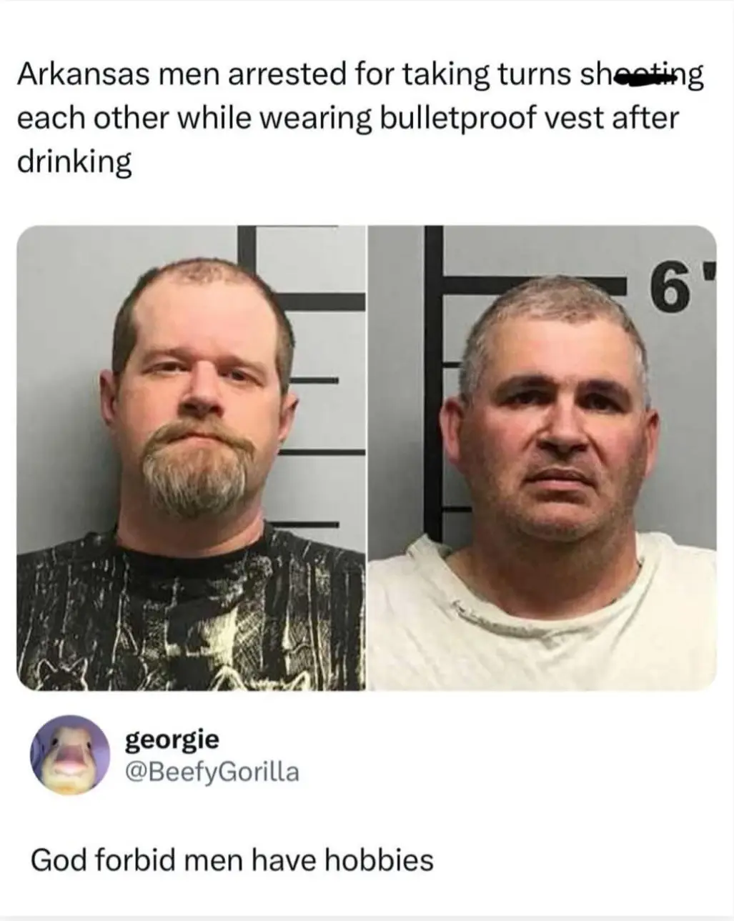 Two mugshot photos of men side-by-side, one with a goatee and dark shirt, the other with short hair and a white shirt, both…