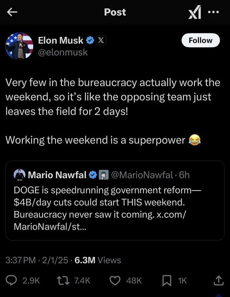 A screenshot of an Elon Musk X (Twitter) post where he comments on bureaucracy not working weekends, comparing it to the…