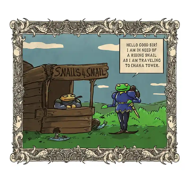 A cartoon frog in blue knight armor stands before a wooden stall labeled 'SNAILS4SNAIL', speaking to a snail vendor. The…