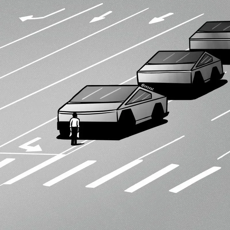 A black-and-white illustration shows a small person standing in the middle of a multi-lane road, facing a line of identical…