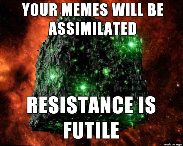 A dark, blocky, green-lit cube floats in a fiery red and orange nebula, with bold white text overlaid: 'YOUR MEMES WILL BE…
