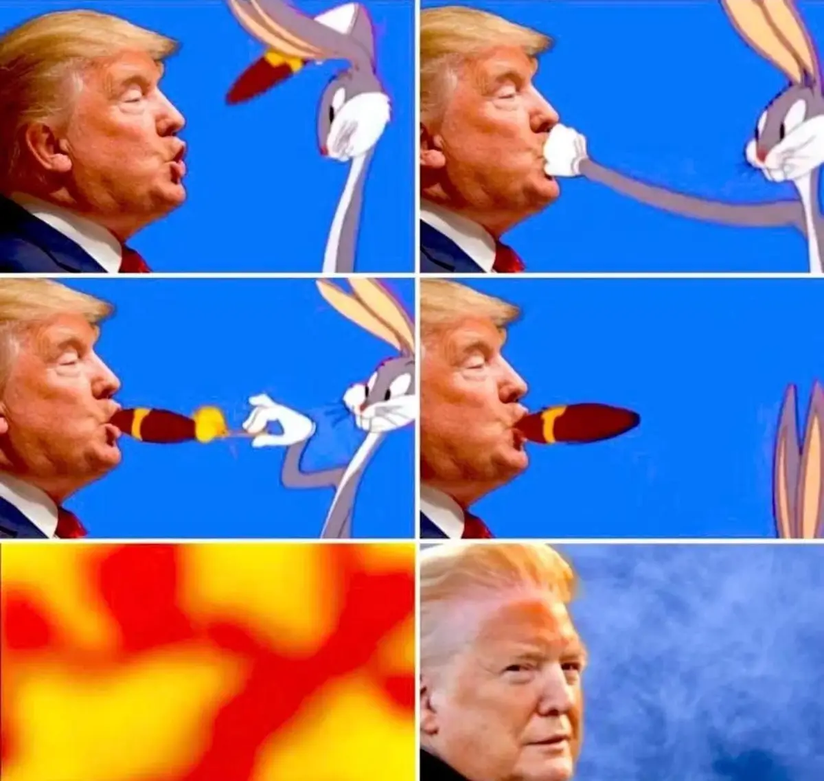 A six-panel meme collage shows Donald Trump's face superimposed onto scenes from the Looney Tunes cartoon 'Bugs Bunny' where…