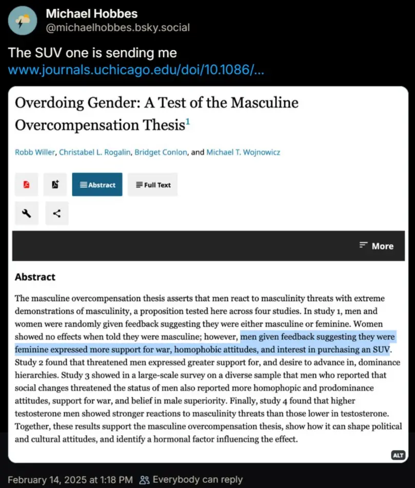 A screenshot of a social media post by Michael Hobbes showing a research paper titled 'Overdoing Gender: A Test of the…