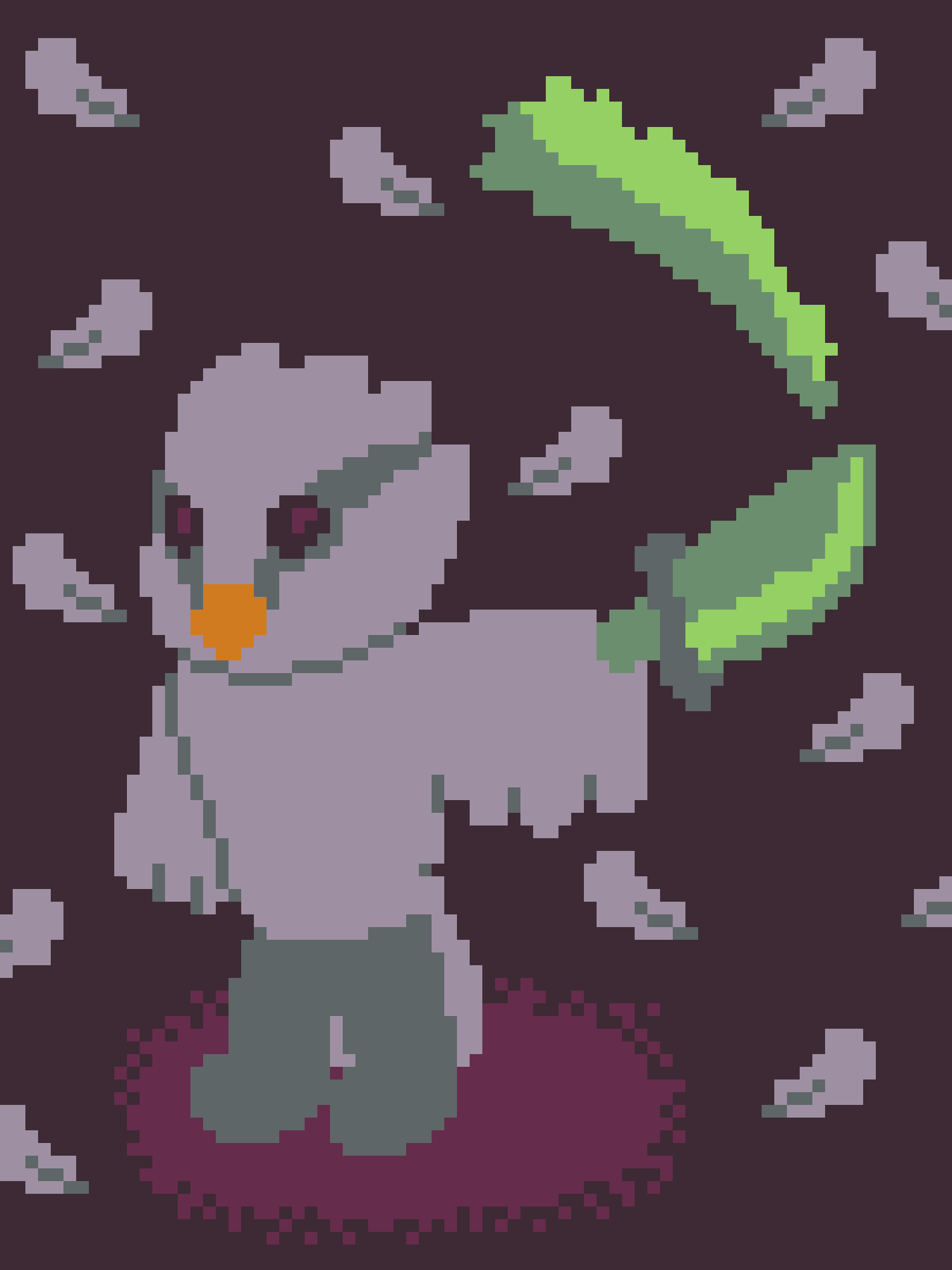 A pixel art image shows a grey, cartoonish creature with an orange beak and green leafy arms, standing on a purple and grey…