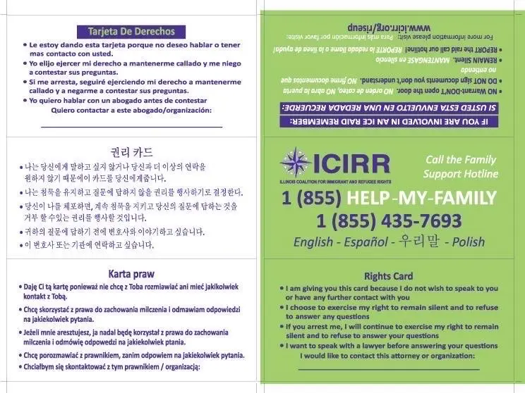 The image displays a multilingual ICE rights card, with sections in Spanish, Korean, and Polish. The green right side…