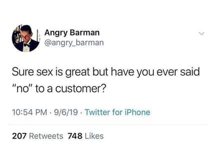 A screenshot of a tweet from the account 'Angry Barman' (@angry_barman) posted on 9/6/19 at 10:54 PM via Twitter for iPhone…
