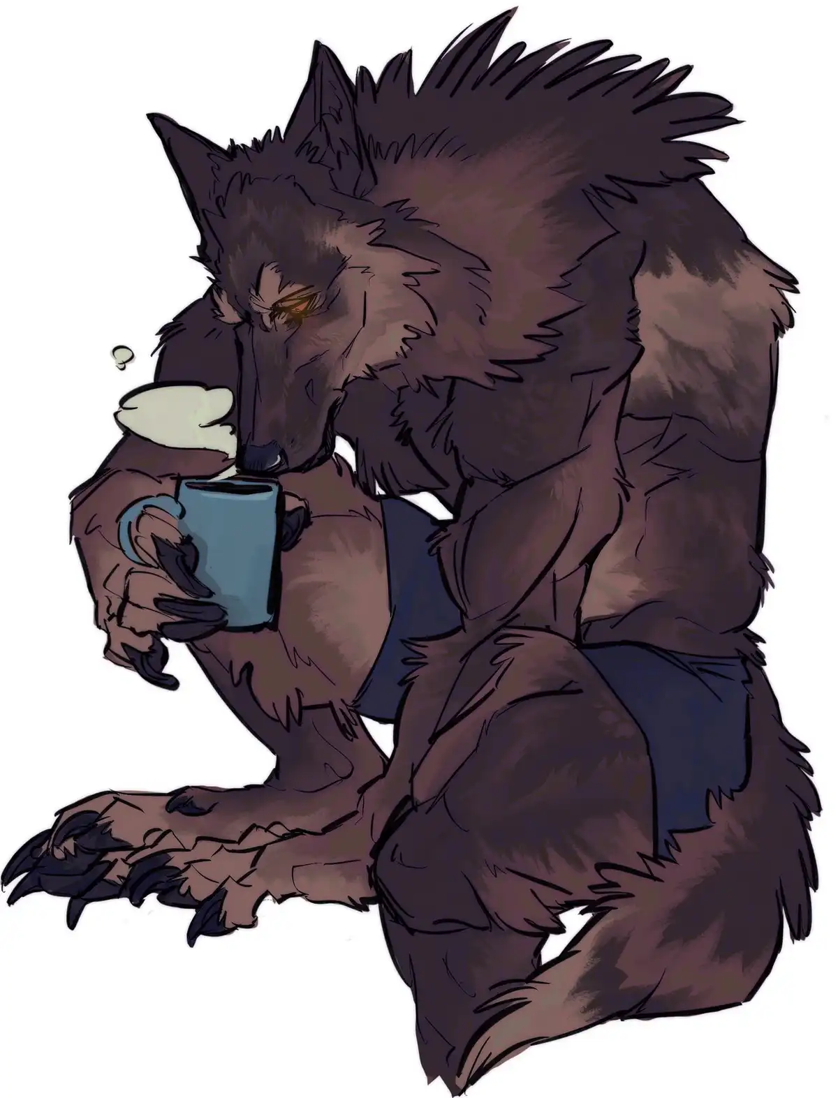 A dark-furred anthropomorphic wolf with glowing orange eyes sits hunched over, holding a steaming blue mug to its lips. The…