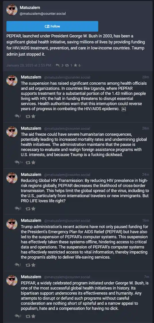 A screenshot of a social media thread by user Matuzalem, detailing the suspension of PEPFAR (President's Emergency Plan for…