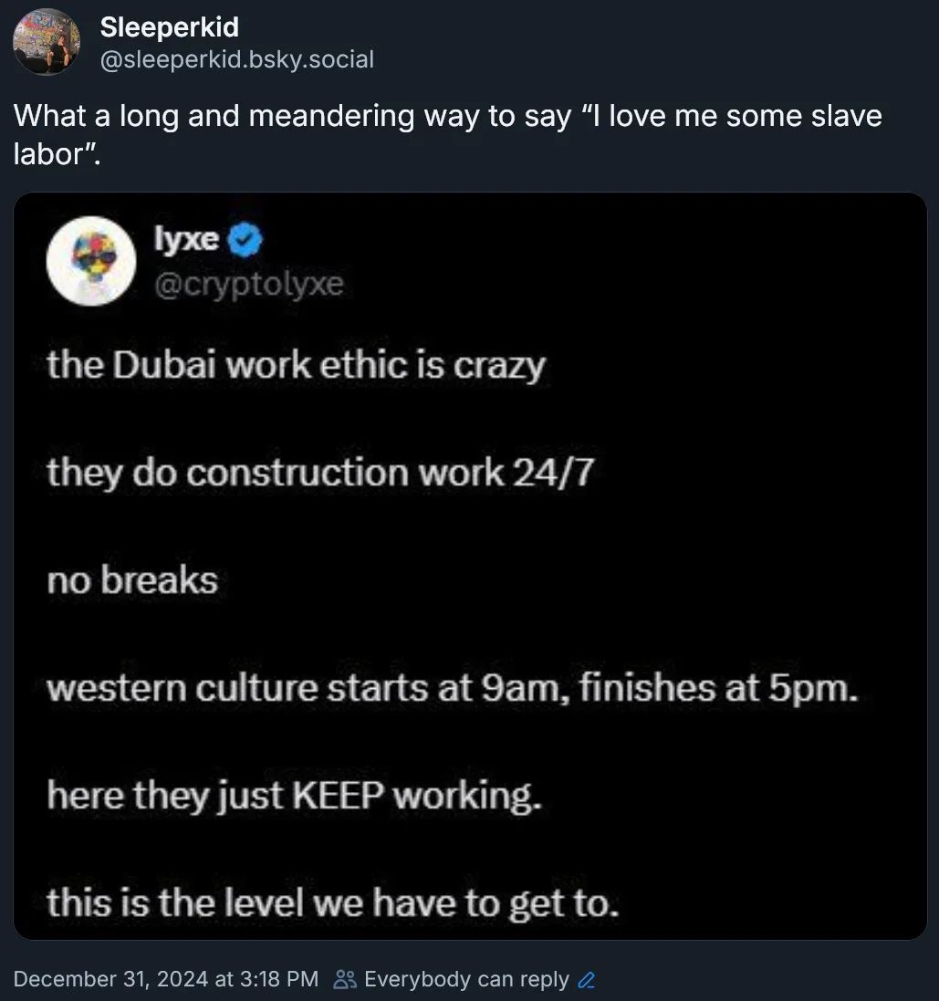 A screenshot of a tweet by user 'lyxe' stating that Dubai's work ethic is crazy because construction work is done 24/7 with…