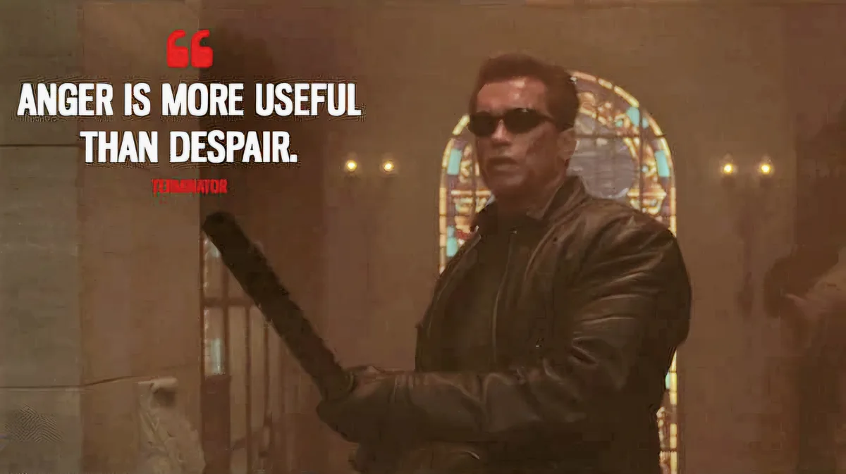 A man in a dark leather jacket and sunglasses holds a large weapon, standing in front of a stained-glass window in a dimly…