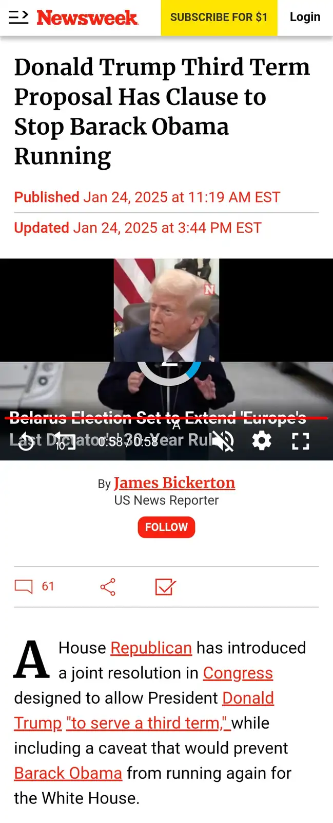 A screenshot of a Newsweek article about a fictional 'Donald Trump Third Term Proposal' that supposedly includes a clause to…