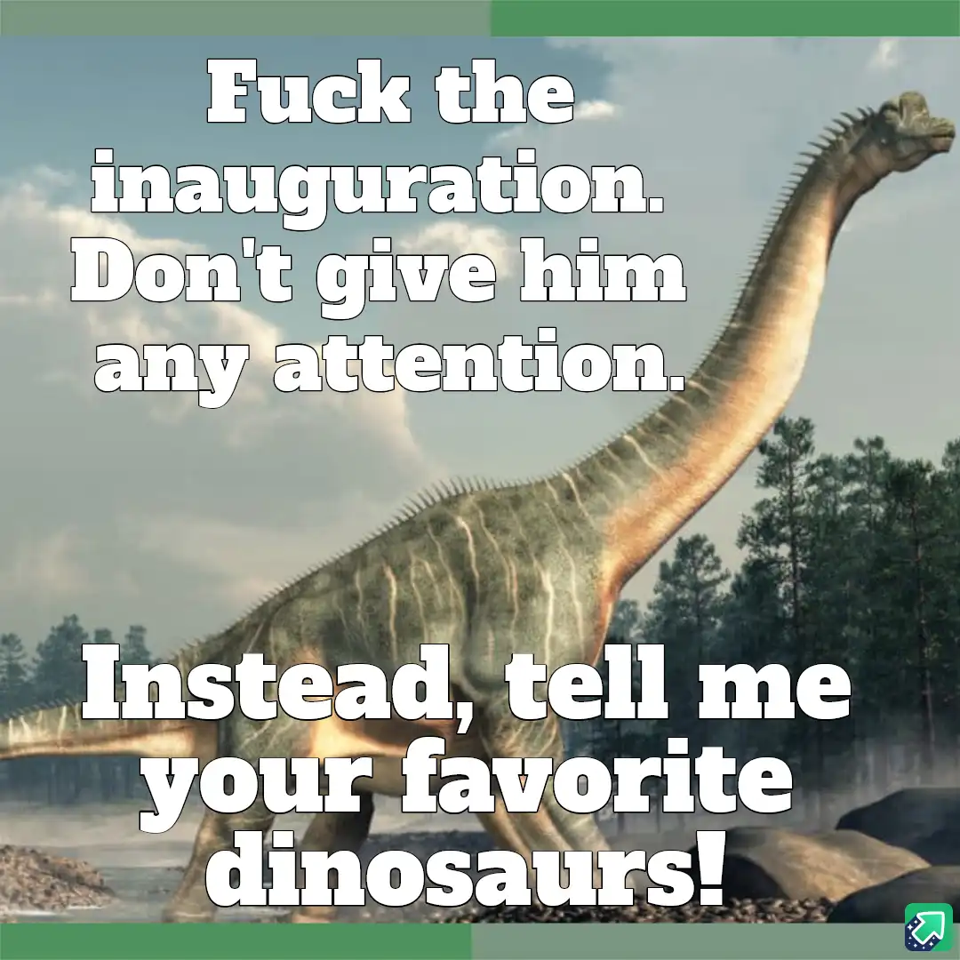 A large, long-necked dinosaur, likely a brachiosaurus, stands in a forested landscape under a cloudy sky. White bold text is…