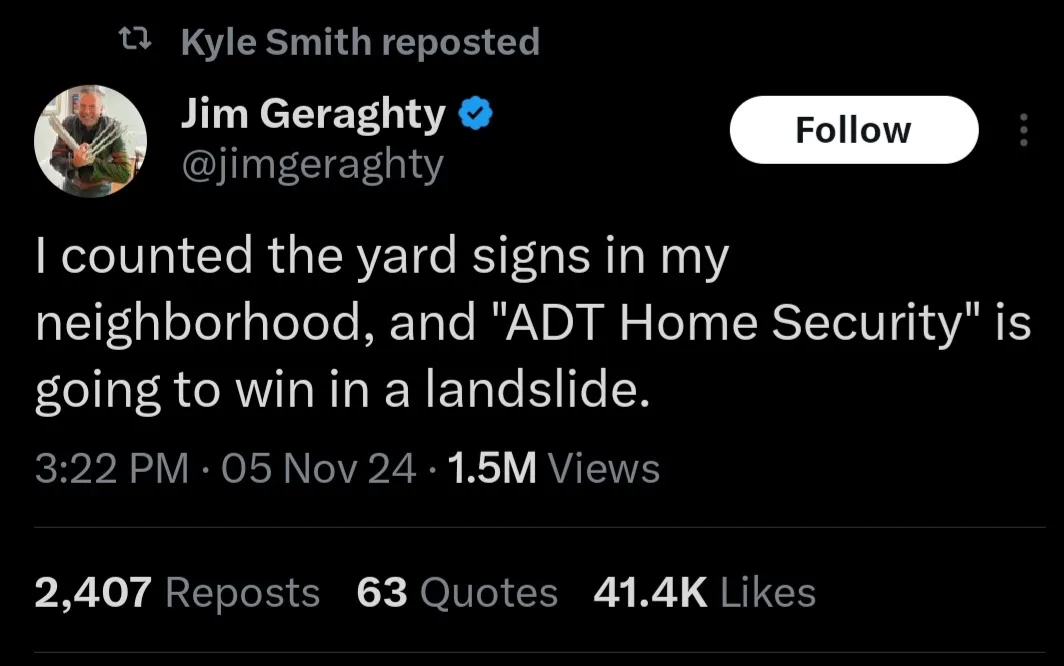 A screenshot of a Twitter post by Jim Geraghty, reposted by Kyle Smith, showing a tweet that reads 'I counted the yard signs…