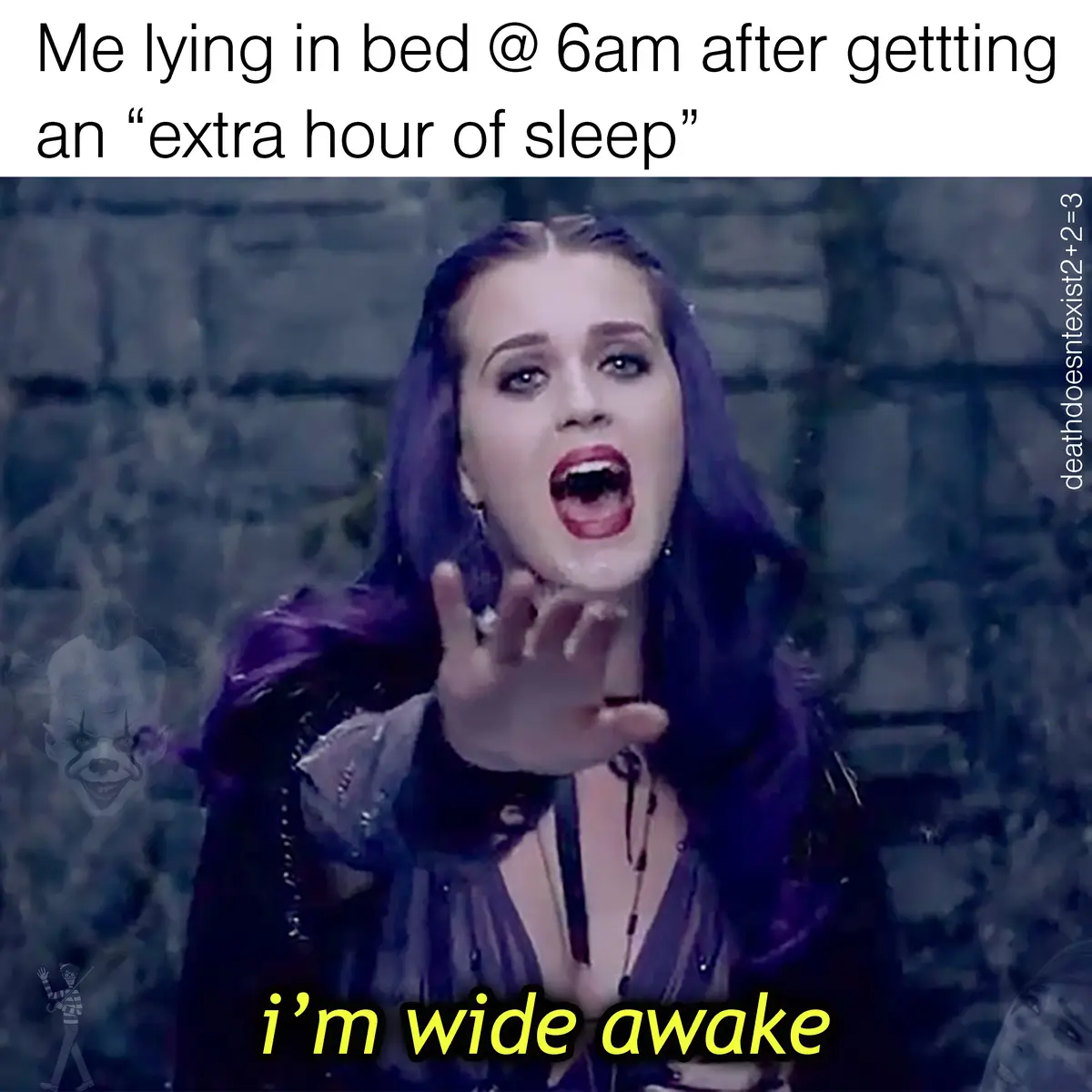 A woman with purple hair and dramatic makeup, mouth open in shock, extends her hand forward. The top text reads 'Me lying in…