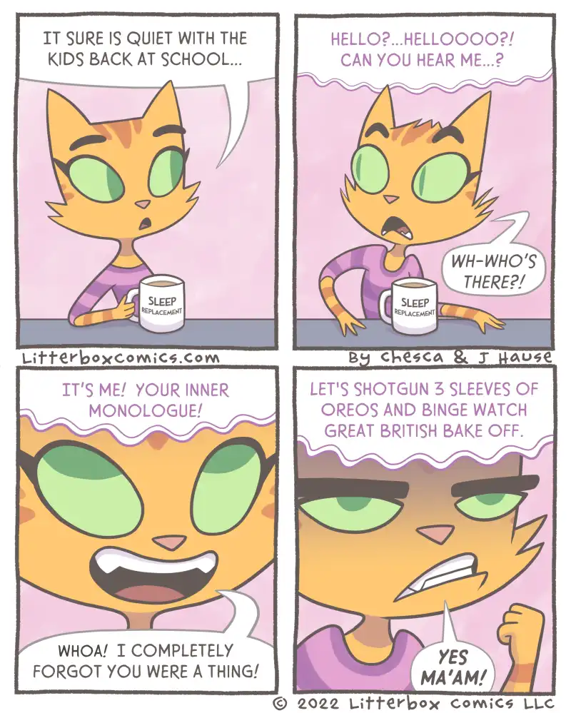 A four-panel comic strip featuring an orange cat with green eyes holding a mug labeled 'SLEEP REPLACEMENT'. The cat…