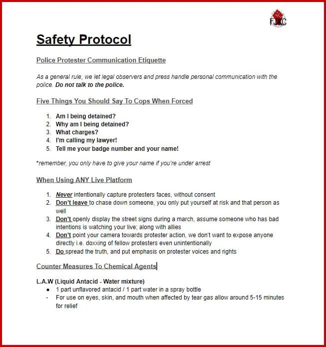 A document titled 'Safety Protocol' outlines rules for protesters, including what to say to police when forced, guidelines…