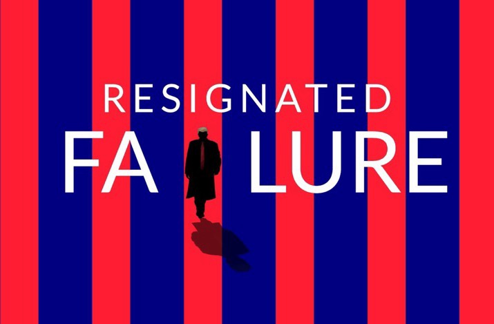 A silhouette of a man in a suit walks forward against a background of red and blue vertical stripes. The text 'RESIGNATED…