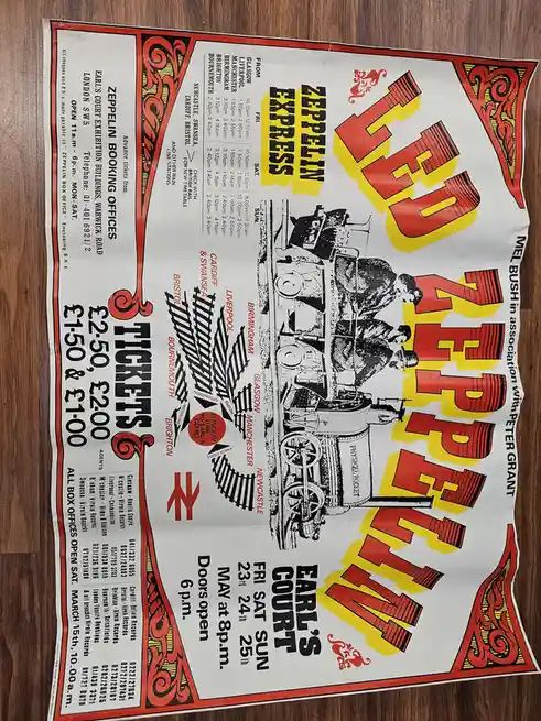 A vintage-style concert poster for Led Zeppelin's 'Zeppelin Express' tour, featuring a black-and-white illustration of a…