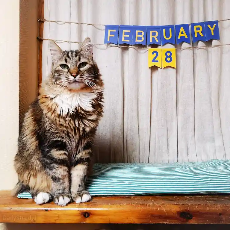 A fluffy tabby cat with green eyes sits regally on a wooden windowsill in front of a beige curtain. Behind the cat, a…