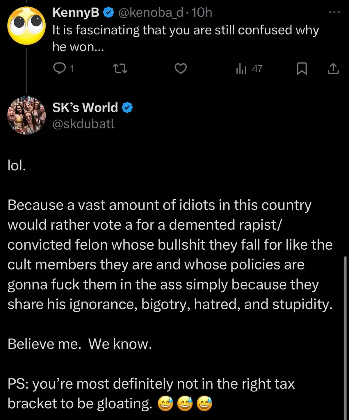 A screenshot of a Twitter thread shows user 'KennyB' saying 'It is fascinating that you are still confused why he won...'…