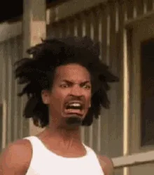 six identical frames show a man with a white tank top and afro hairstyle screaming with an angry, exaggerated expression…
