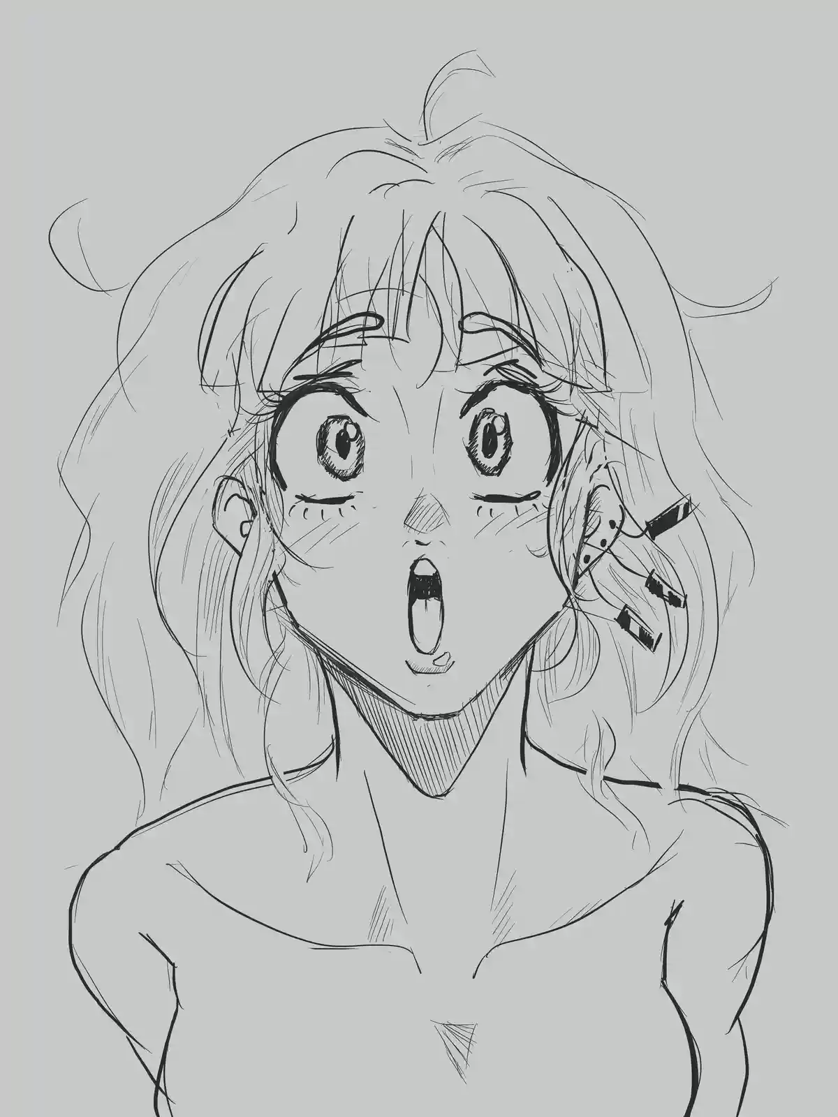 A black-and-white line art sketch of an anime-style female character with wide, shocked eyes and an open mouth, conveying…