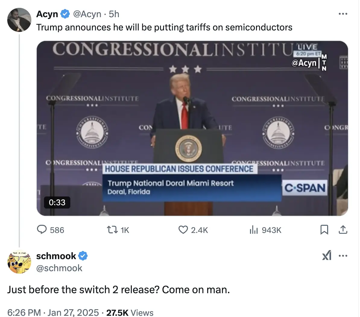 A screenshot of a tweet showing Donald Trump speaking at a 'House Republican Issues Conference' at the Trump National Doral…