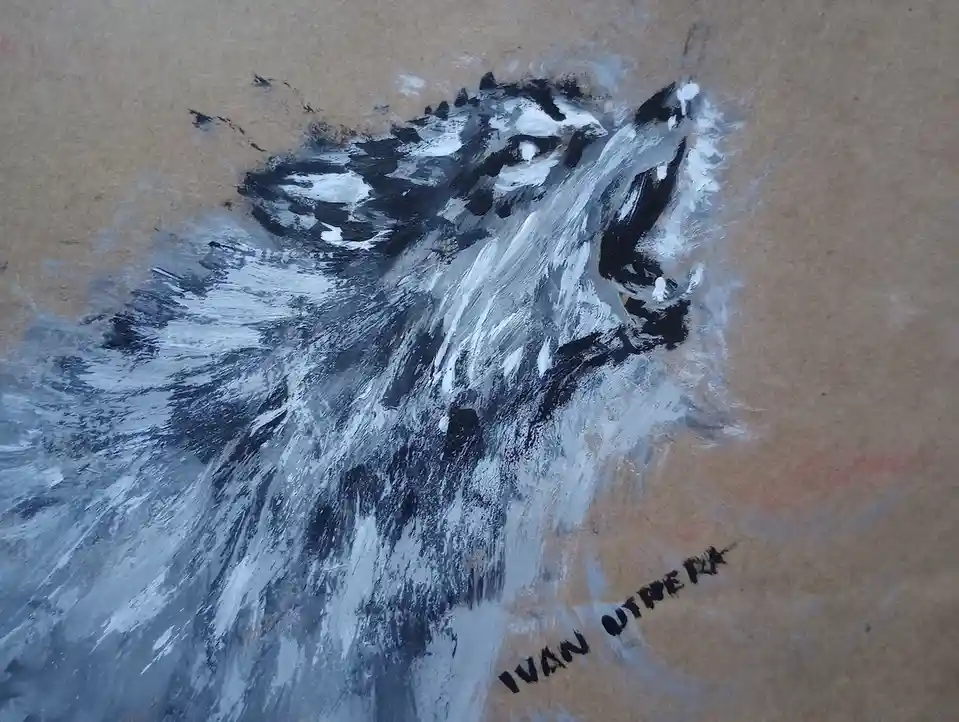 A rough, expressive painting of a wolf's head howling upward, rendered in black, white, and gray paint on brown paper. The…