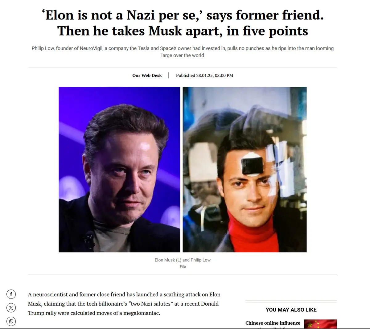 A news article screenshot shows two side-by-side photos: Elon Musk on the left and Philip Low on the right, who has a small…