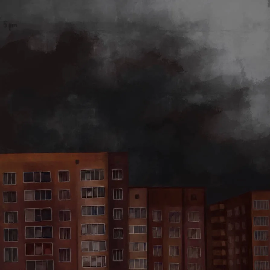 A dark, moody painting of several reddish-brown apartment buildings under a heavy, stormy gray sky. In the top left corner…
