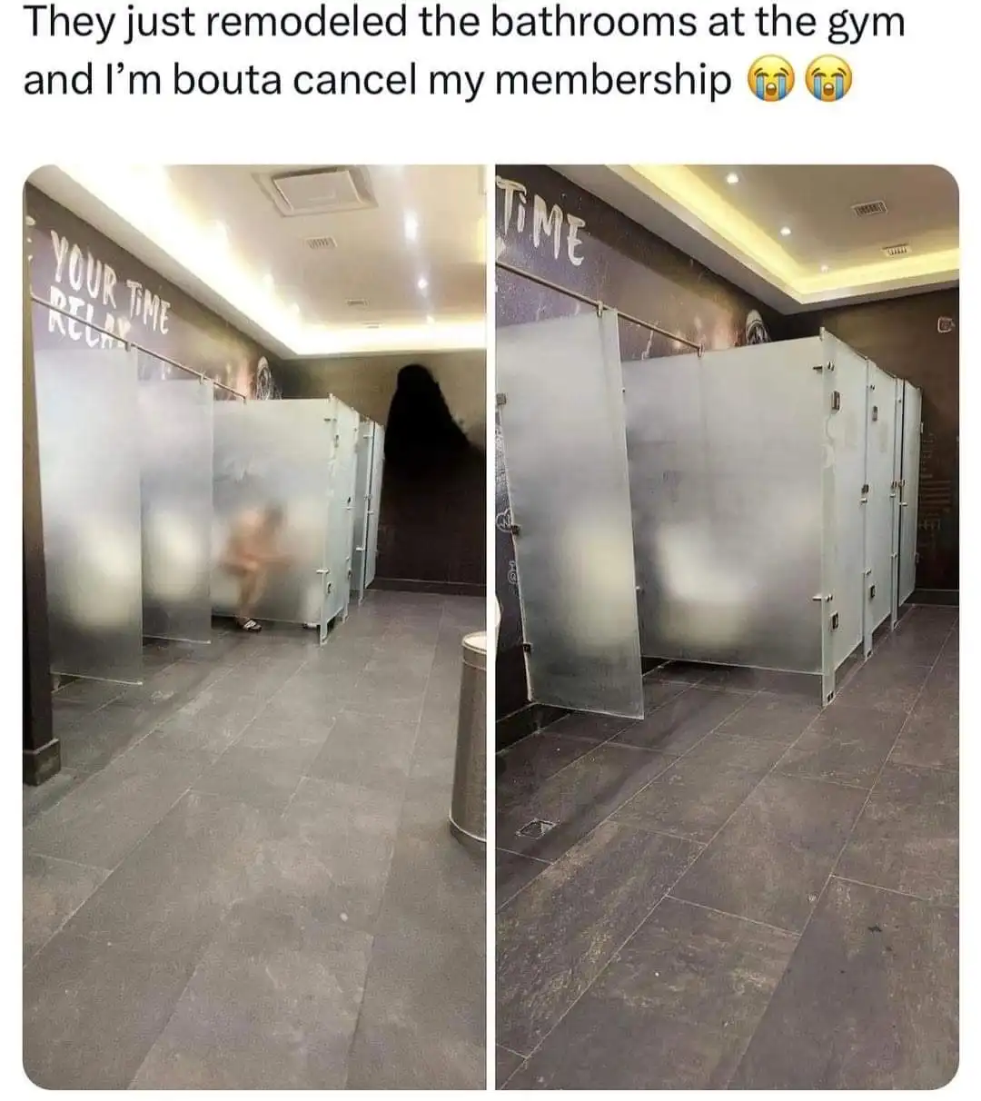 A side-by-side comparison of gym bathroom stalls: the left shows a blurry image of a person in a stall with a wall sign…
