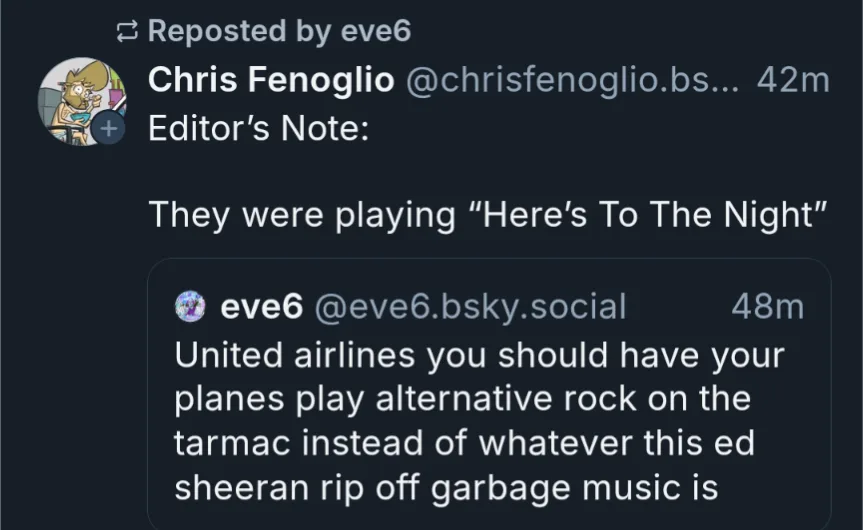 A screenshot of a reposted X (Twitter) thread showing Chris Fenoglio replying to eve6. Eve6's original tweet complains that…