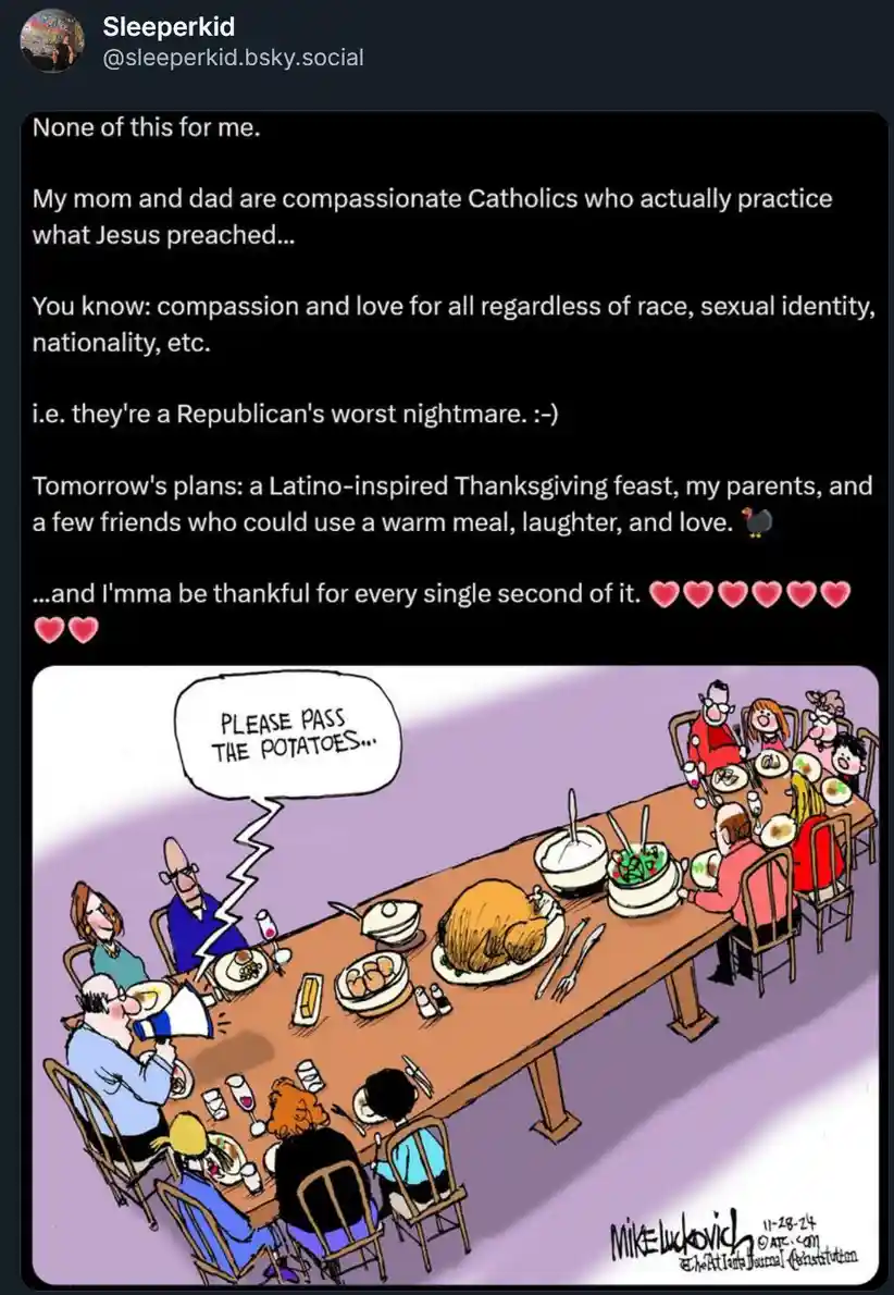 A cartoon depicts a diverse group of people seated around a long dining table laden with food, including a turkey and side…