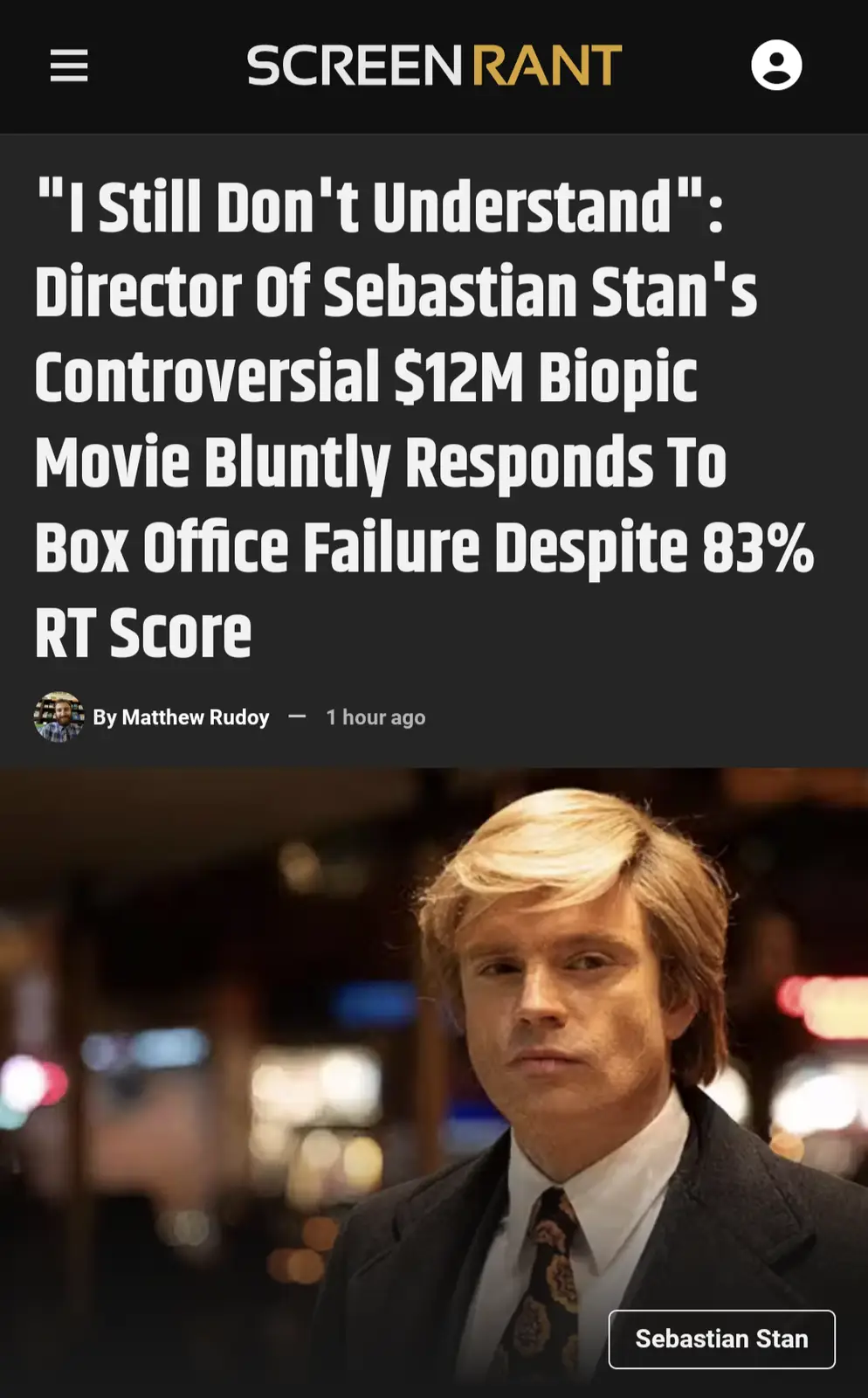 A screenshot of a Screen Rant article headline about Sebastian Stan's biopic director's response to the film's box office…