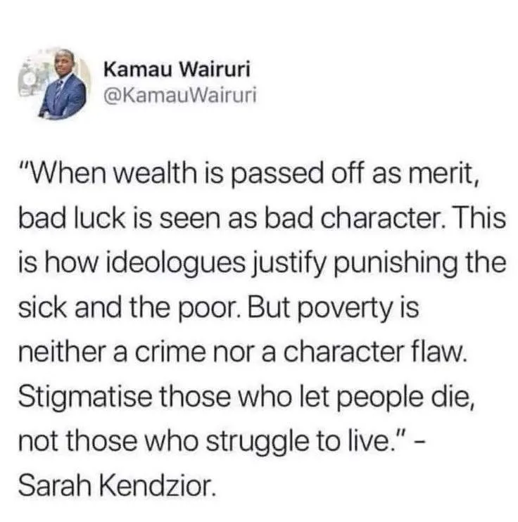 The image displays a tweet from Kamau Wairuri featuring a quote by Sarah Kendzior. The quote critiques how society blames…