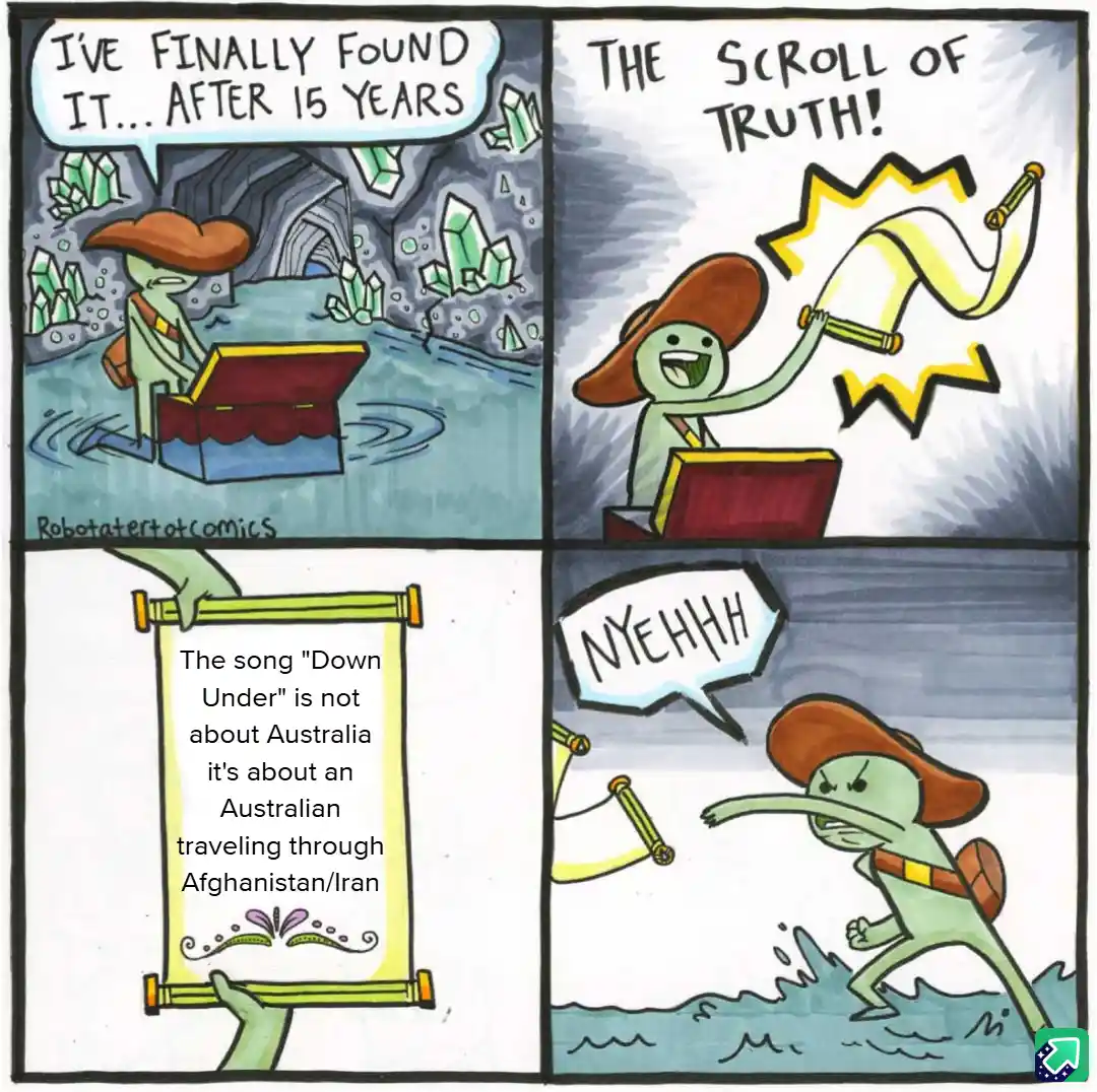 A four-panel comic shows a green-skinned explorer in a brown hat finding a treasure chest, then excitedly unrolling a scroll…