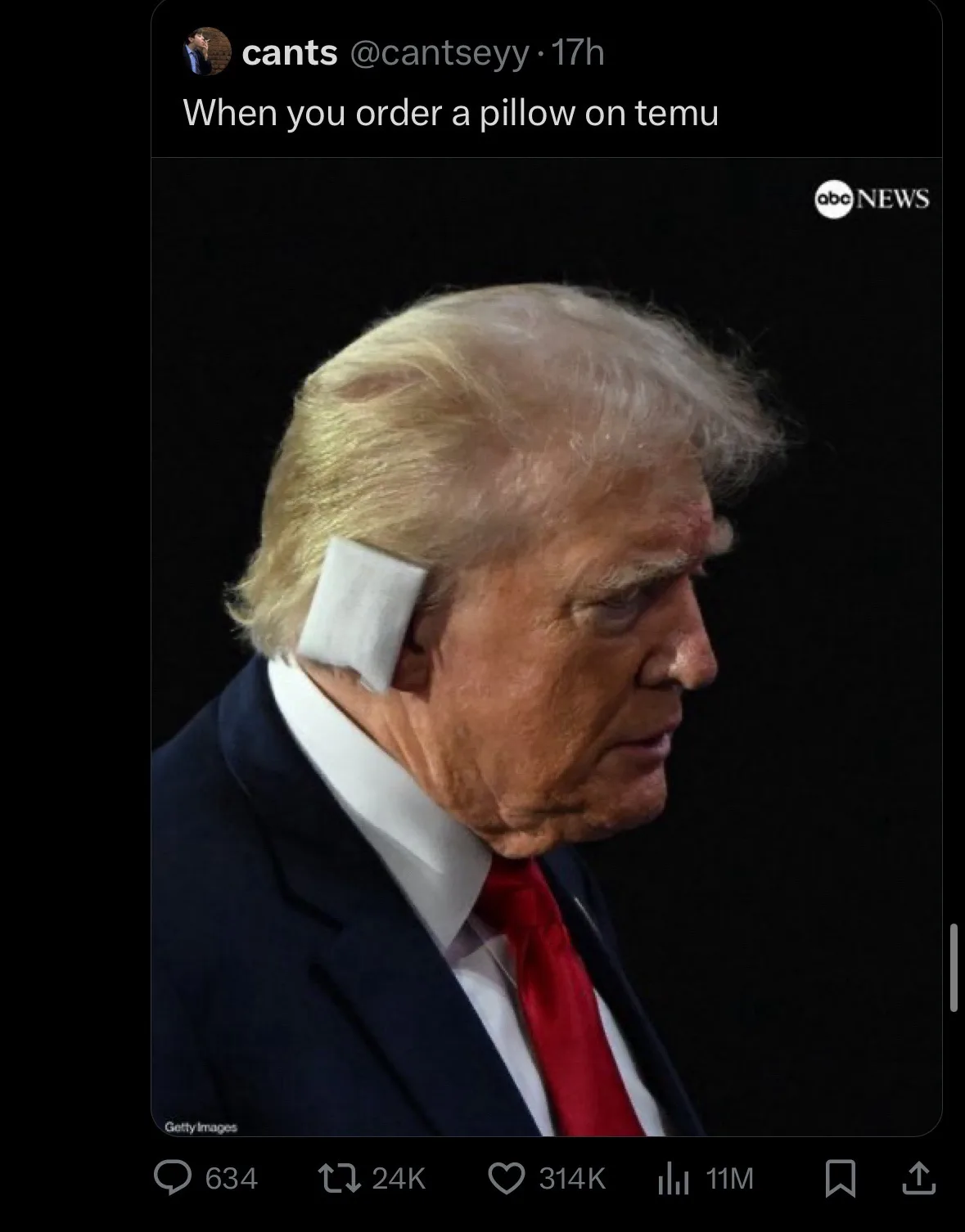 A photo of Donald Trump in profile, wearing a dark suit and red tie, with a white rectangular pillow visibly stuck to the…