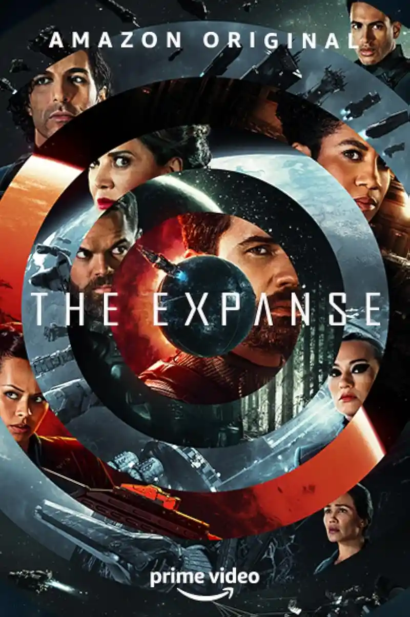 This promotional poster for the Amazon Original series 'The Expanse' features a concentric circular design with multiple…