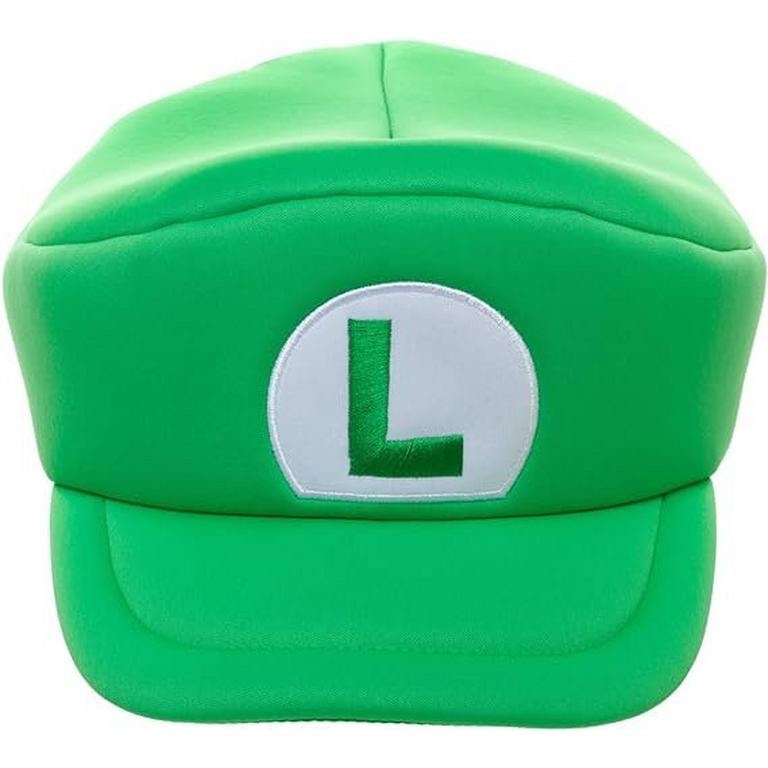 A close-up of a bright green, plush, flat-topped cap with a white circular patch featuring a green letter 'L' stitched onto…