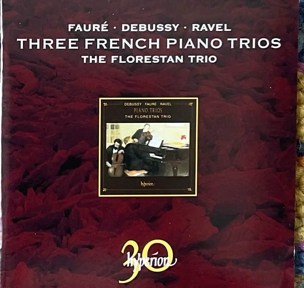 The image shows a classical music album cover with a dark red textured background. The main title reads 'FAURÉ · DEBUSSY ·…
