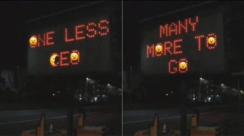 Two side-by-side nighttime photos show a digital billboard displaying red LED text. The left image reads 'ONE LESS CEO' with…