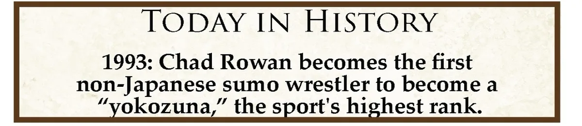 The image displays a 'Today in History' style banner with a beige parchment background and dark brown border. The text…