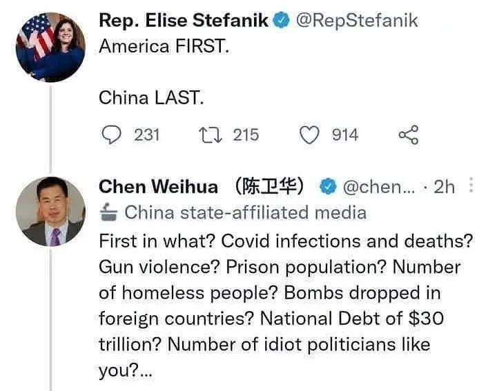 A screenshot of a Twitter thread shows Rep. Elise Stefanik posting 'America FIRST. China LAST.' followed by a reply from…