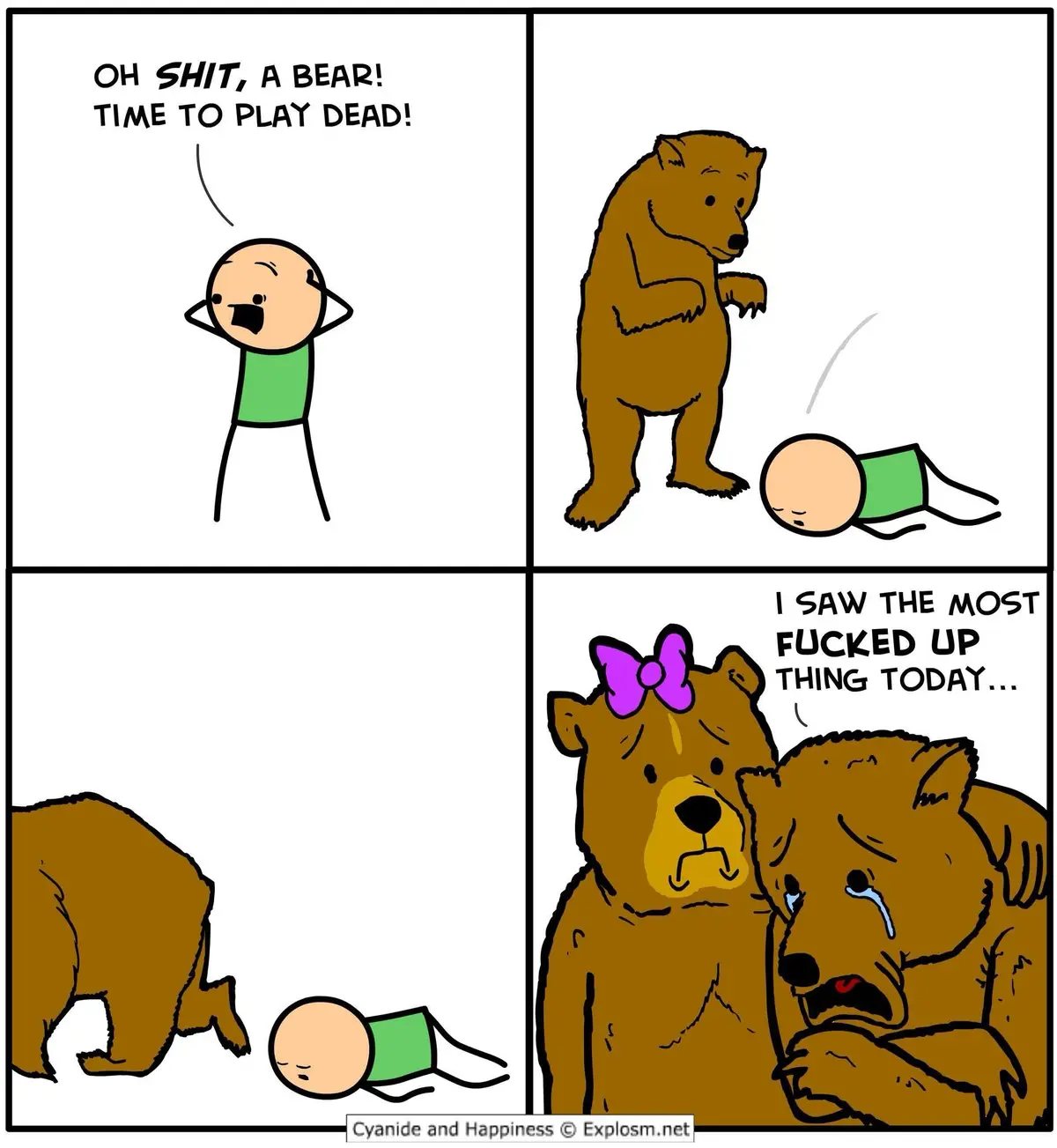 A four-panel comic shows a stick figure man panicking at a bear, then playing dead as the bear walks away. The final panel…