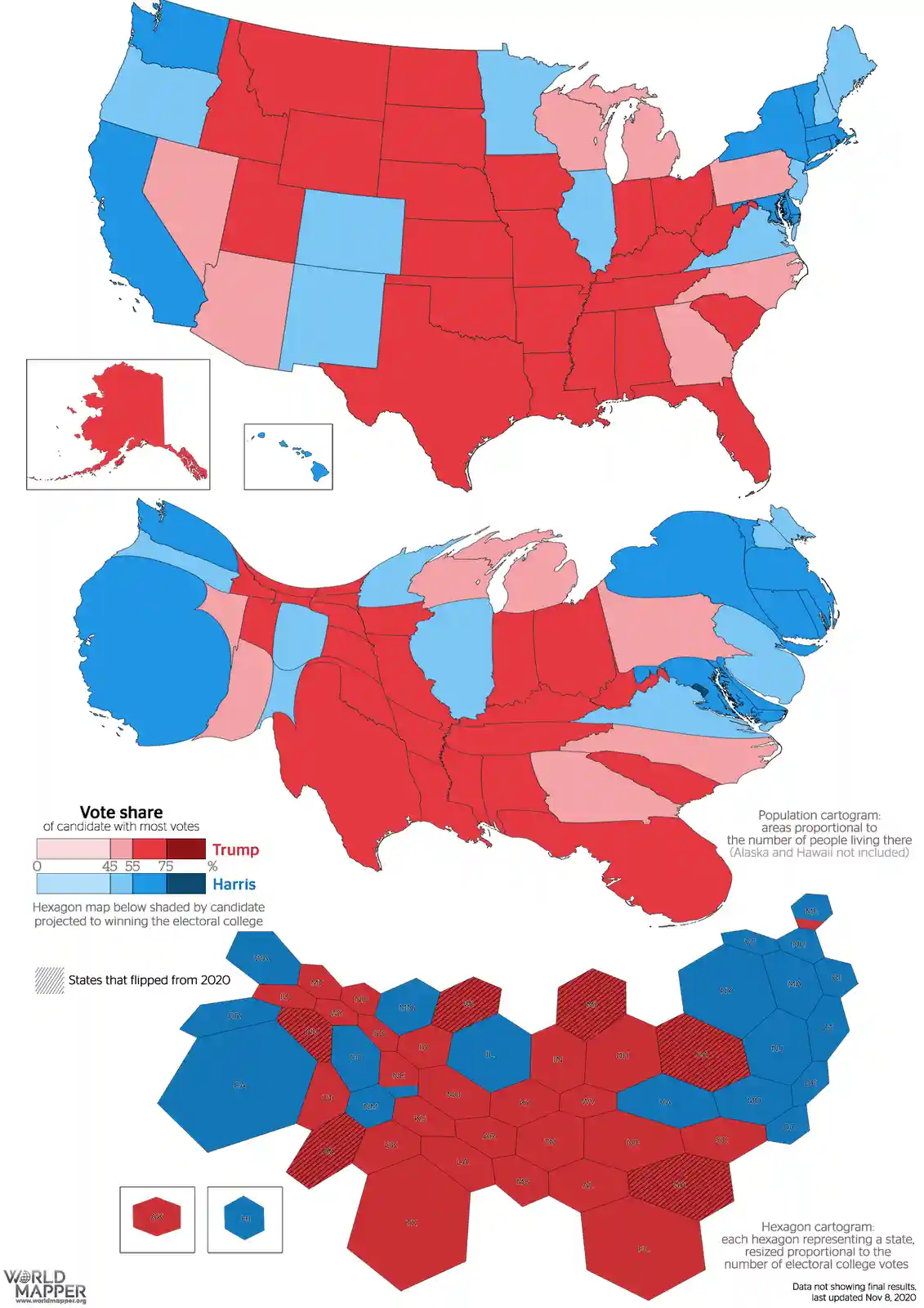 The image displays two maps of the United States: the top is a color-coded map showing vote share percentages for Trump…