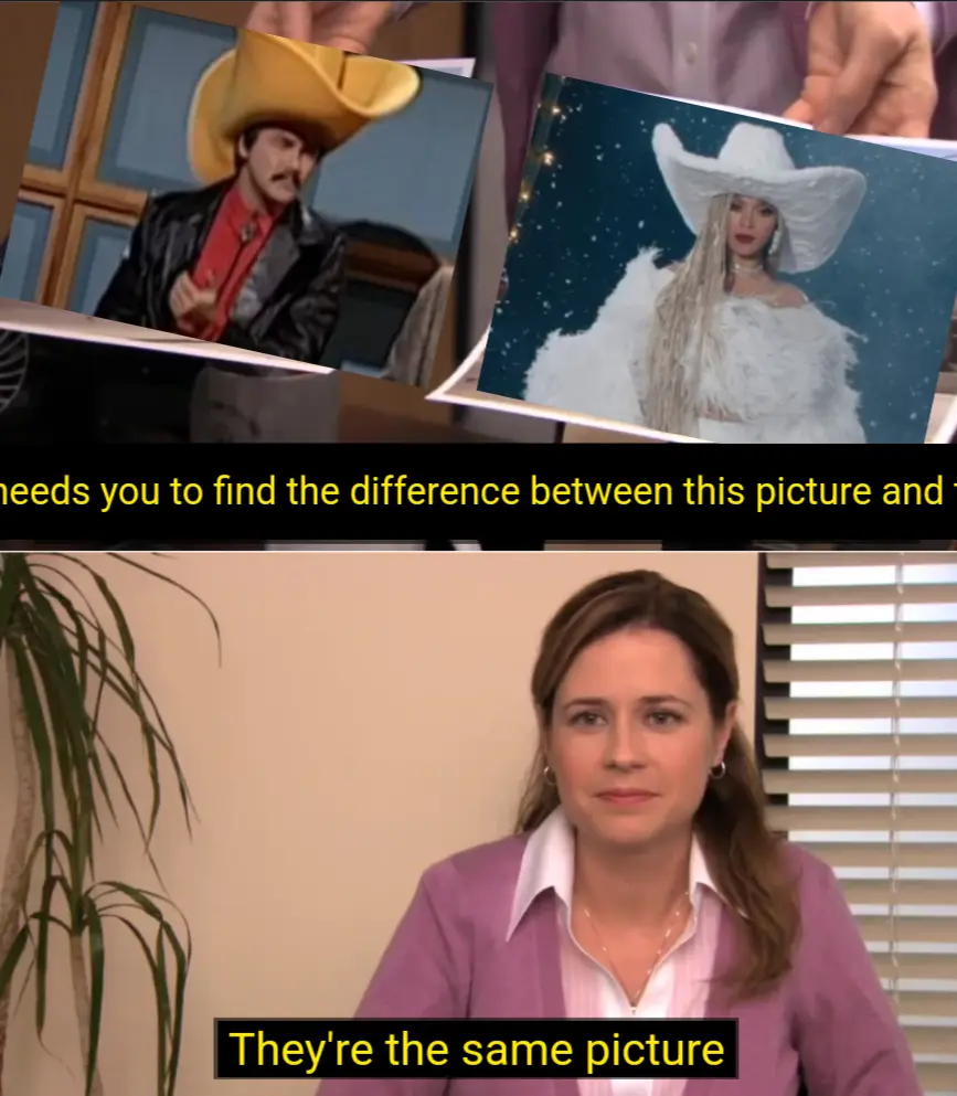 The image is a two-panel meme. The top panel shows two tilted photos side-by-side: one of a man in a yellow cowboy hat and…