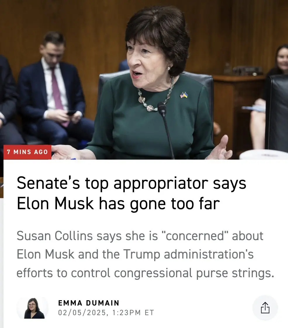 A screenshot of a news article overlaying a photo of Senator Susan Collins speaking at a hearing. The headline reads…
