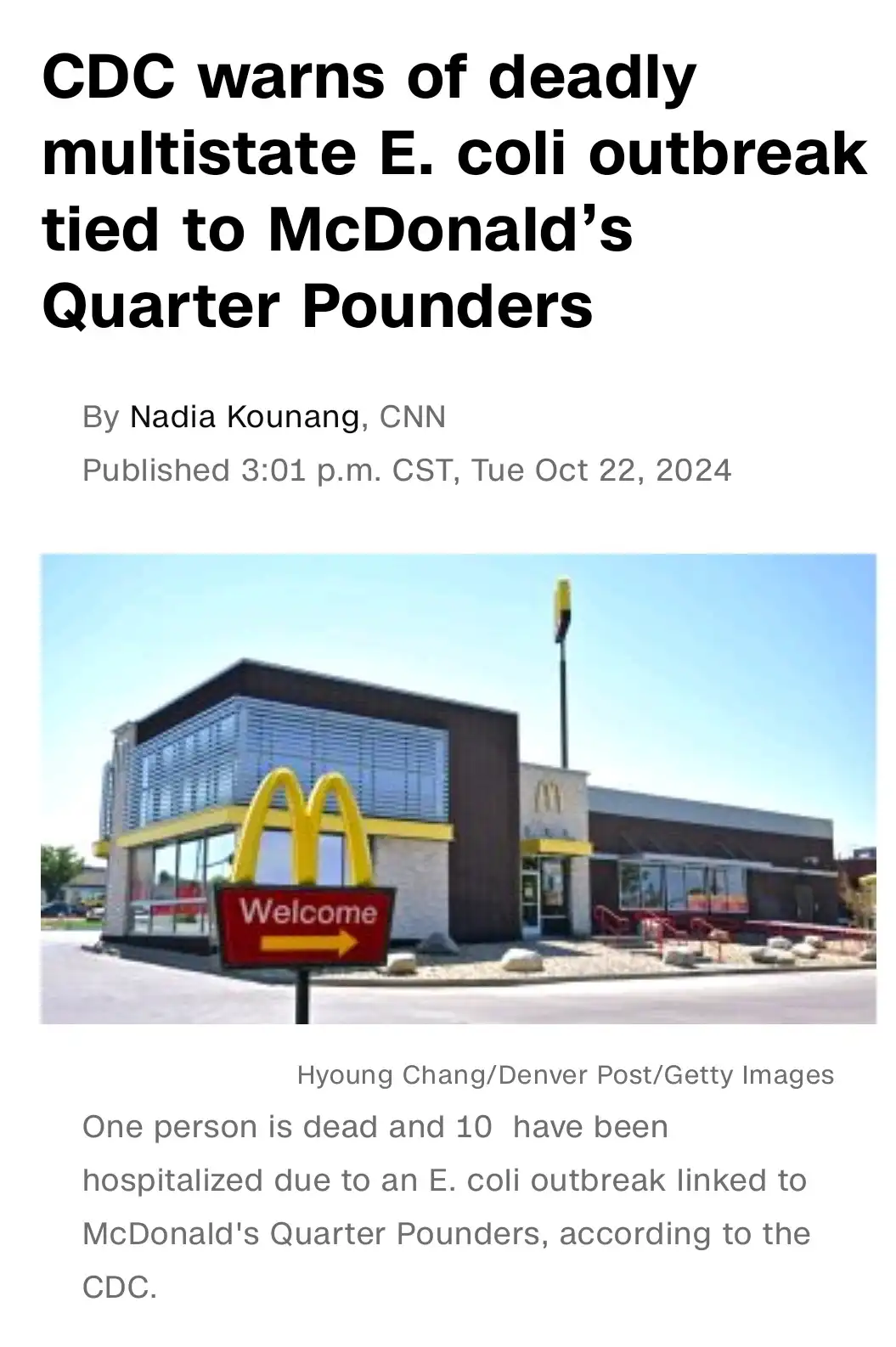 The image displays a screenshot of a fake news article from CNN, dated October 22, 2024, with a headline claiming the CDC…