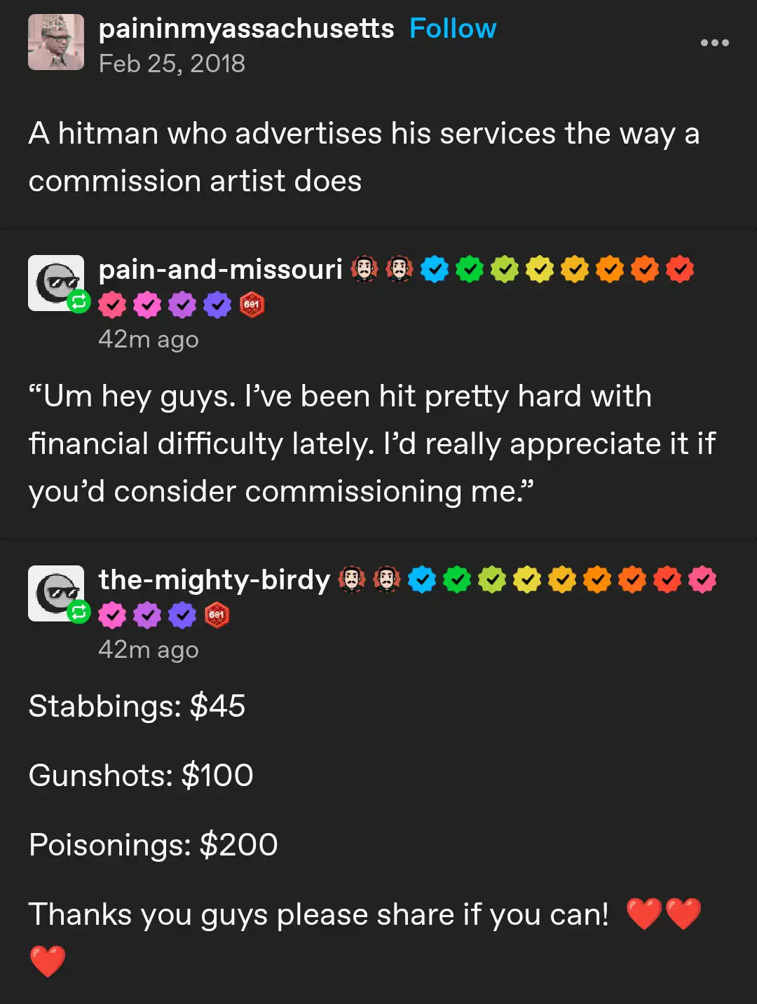 A screenshot of a Reddit comment thread where a user jokes about a hitman advertising like a commission artist, with replies…